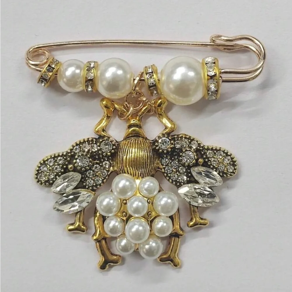 Vintage Style Gold Pearl & Crystal Bee Brooch